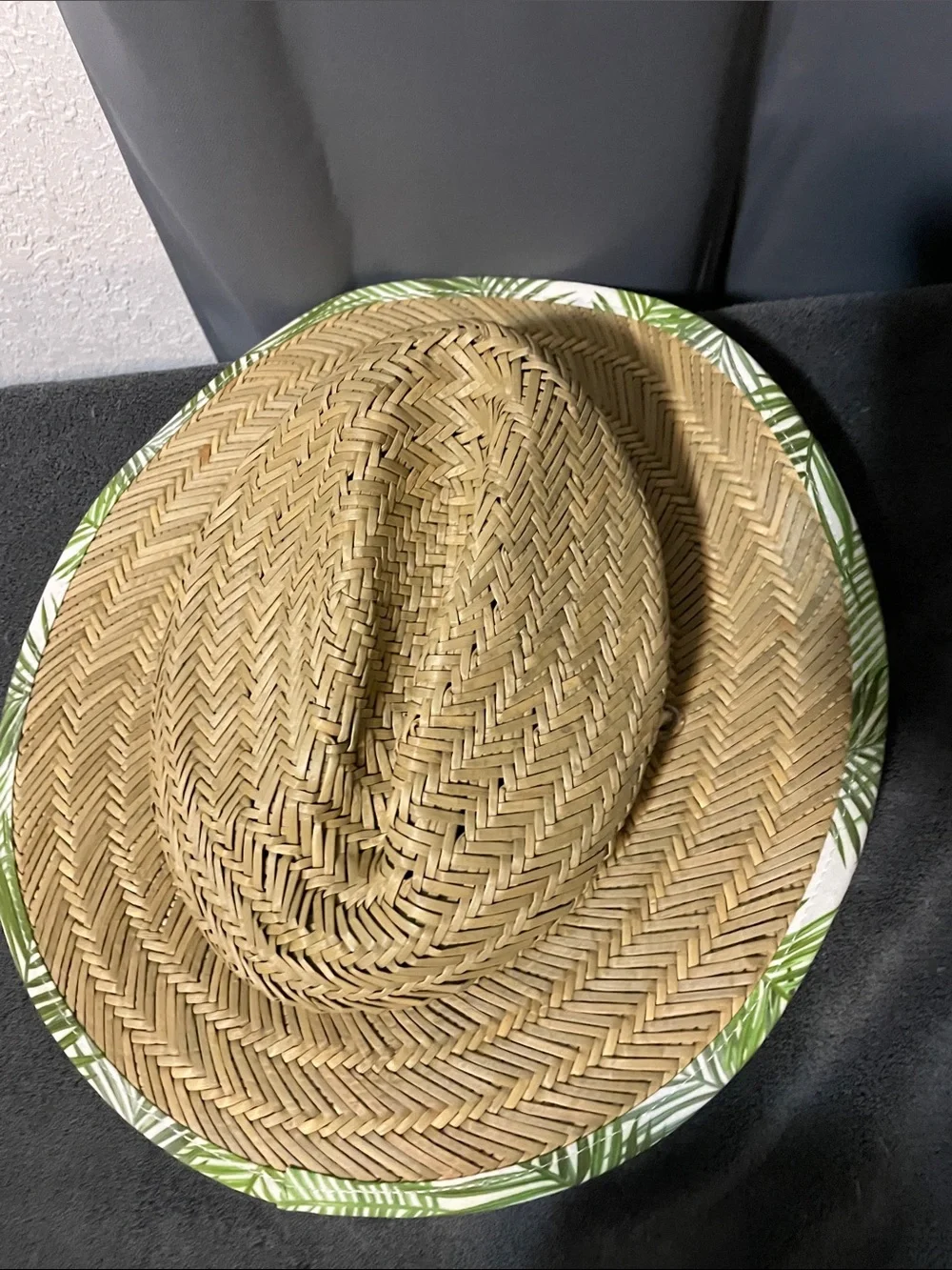 BNKV Natural Straw Kids Sun Hat with Green Leaf Trim